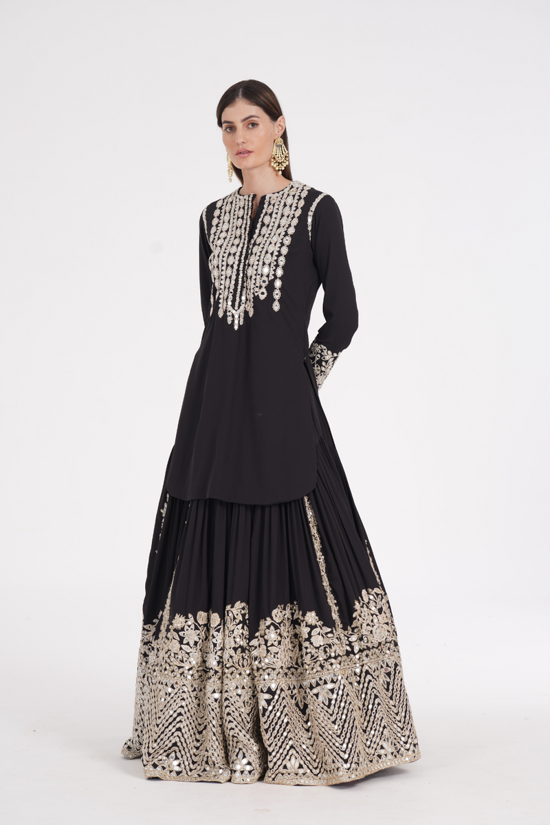 Carbon black kurti skirt embellished using ivory trims