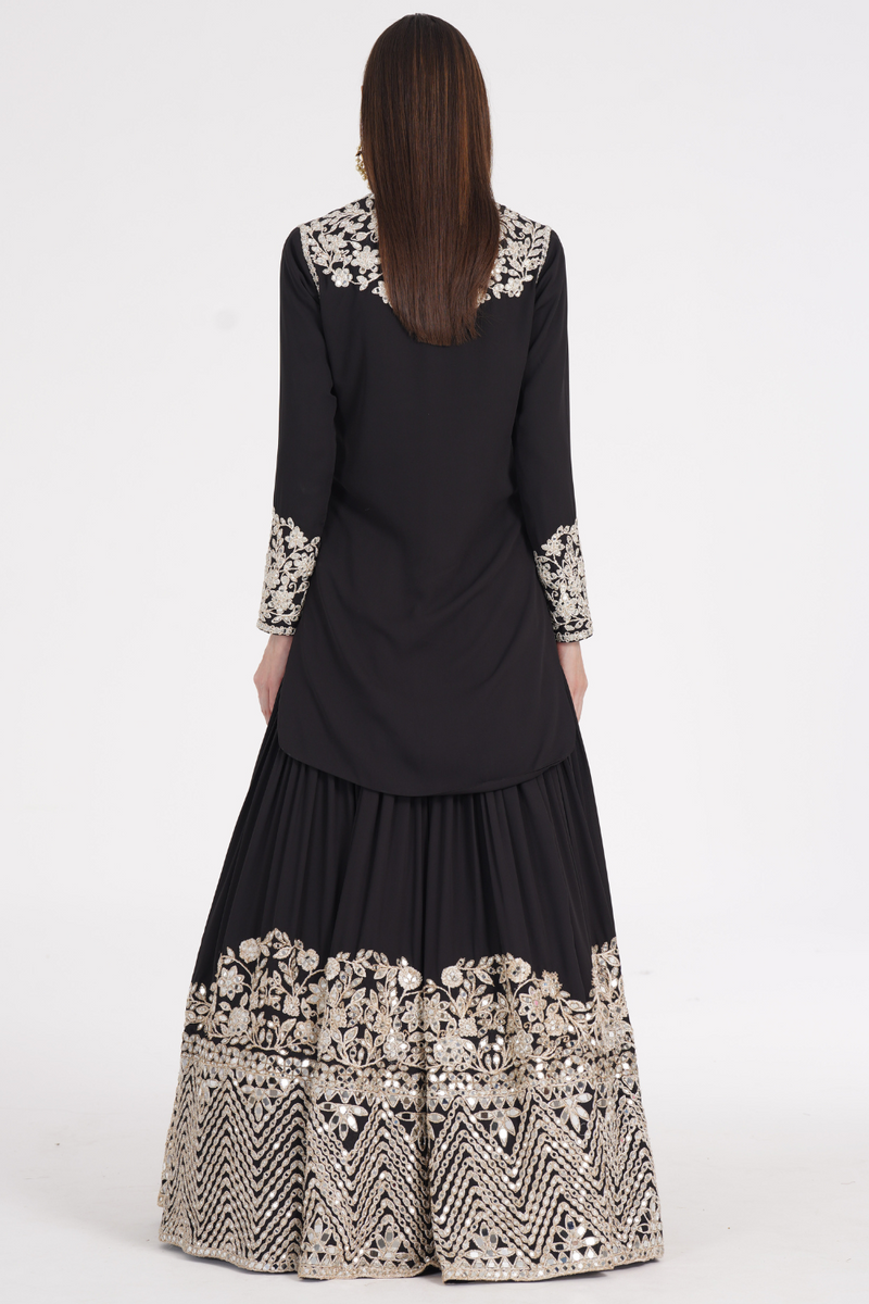 Carbon black kurti skirt embellished using ivory trims