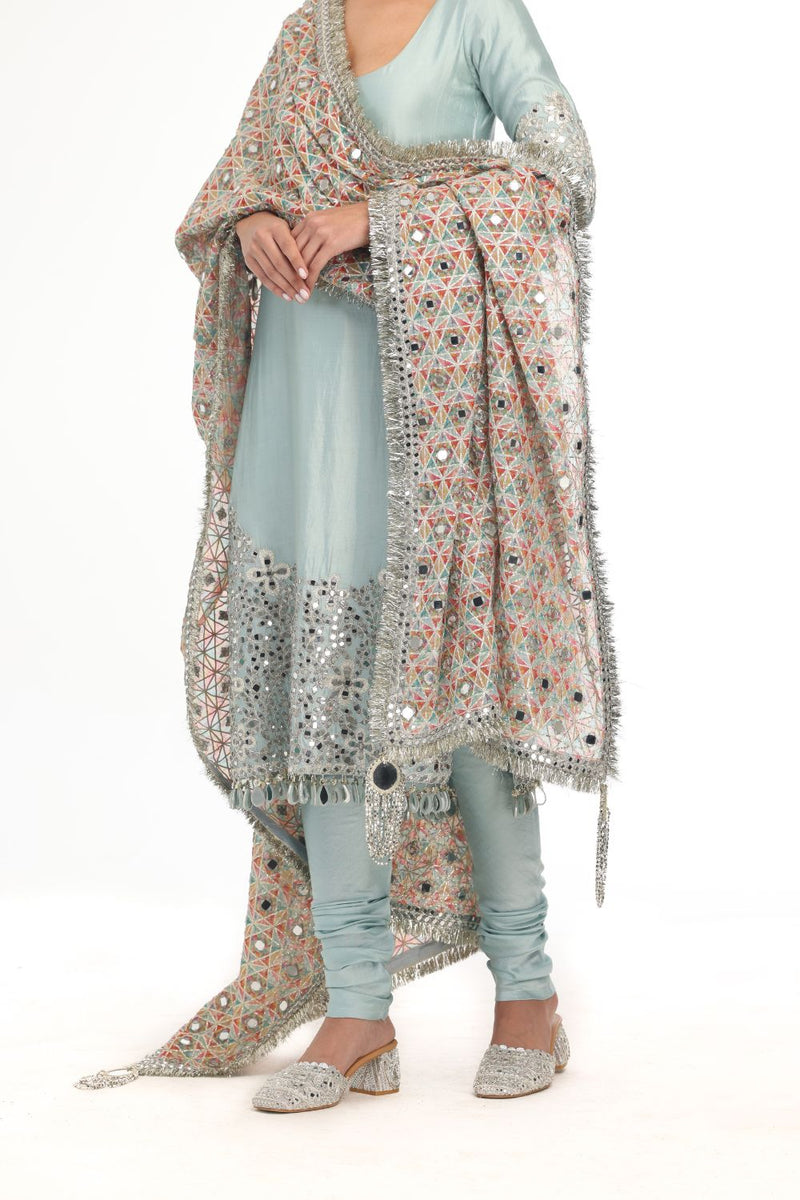 BLUE KURTA & CHURIDAR SET WITH HEAVY PRINTED MIRROR WORK DUPATTA