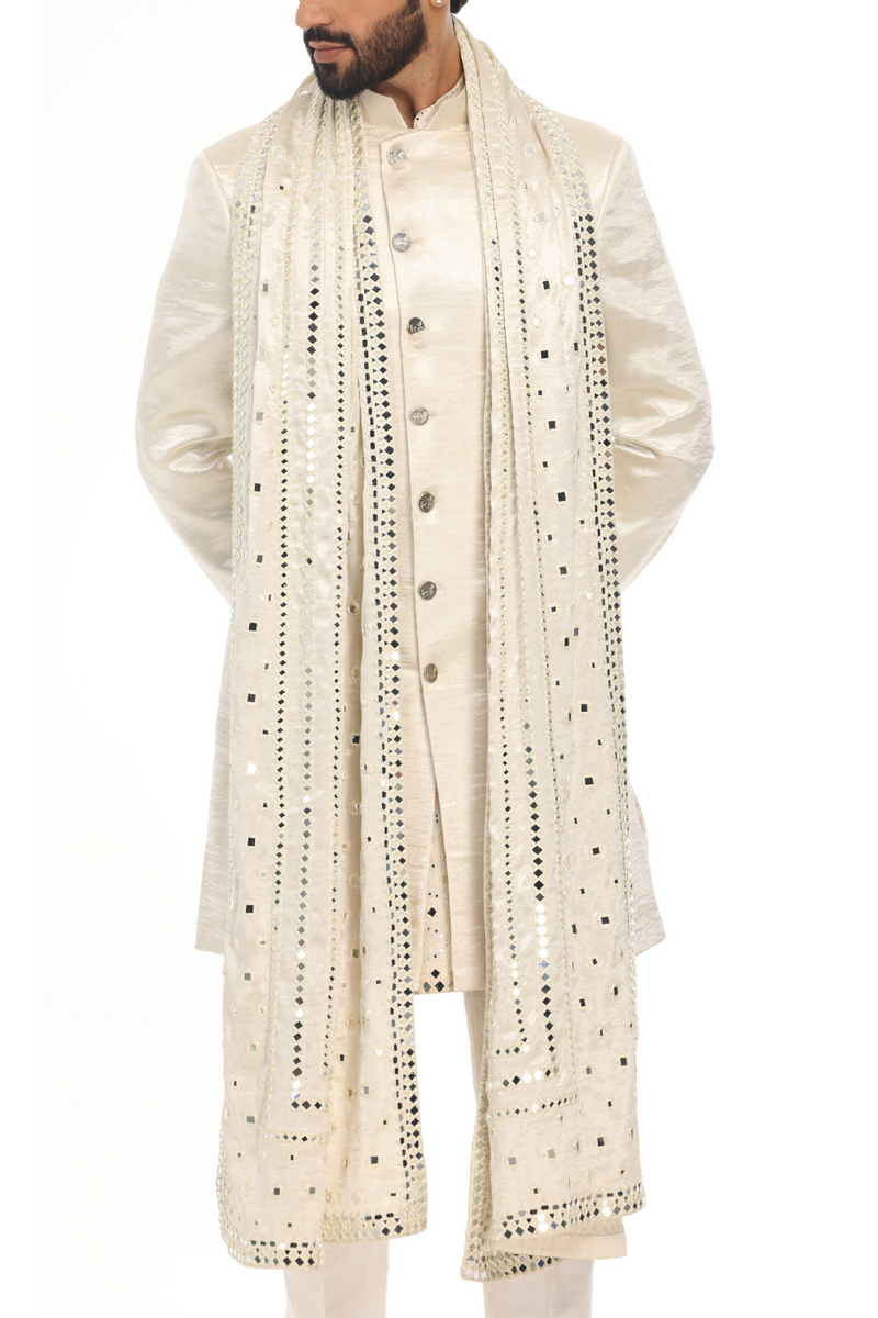 Ivory sherwani with embellished stole