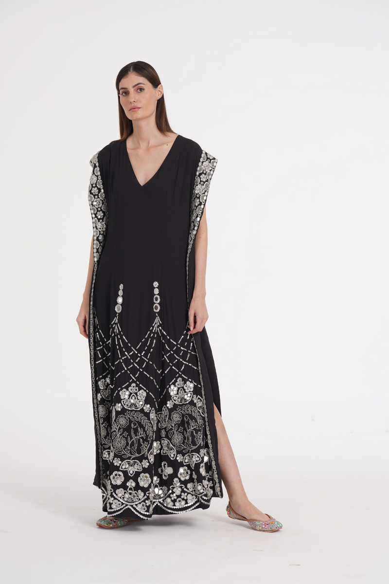 Charcoal black hand embroidered kaftan