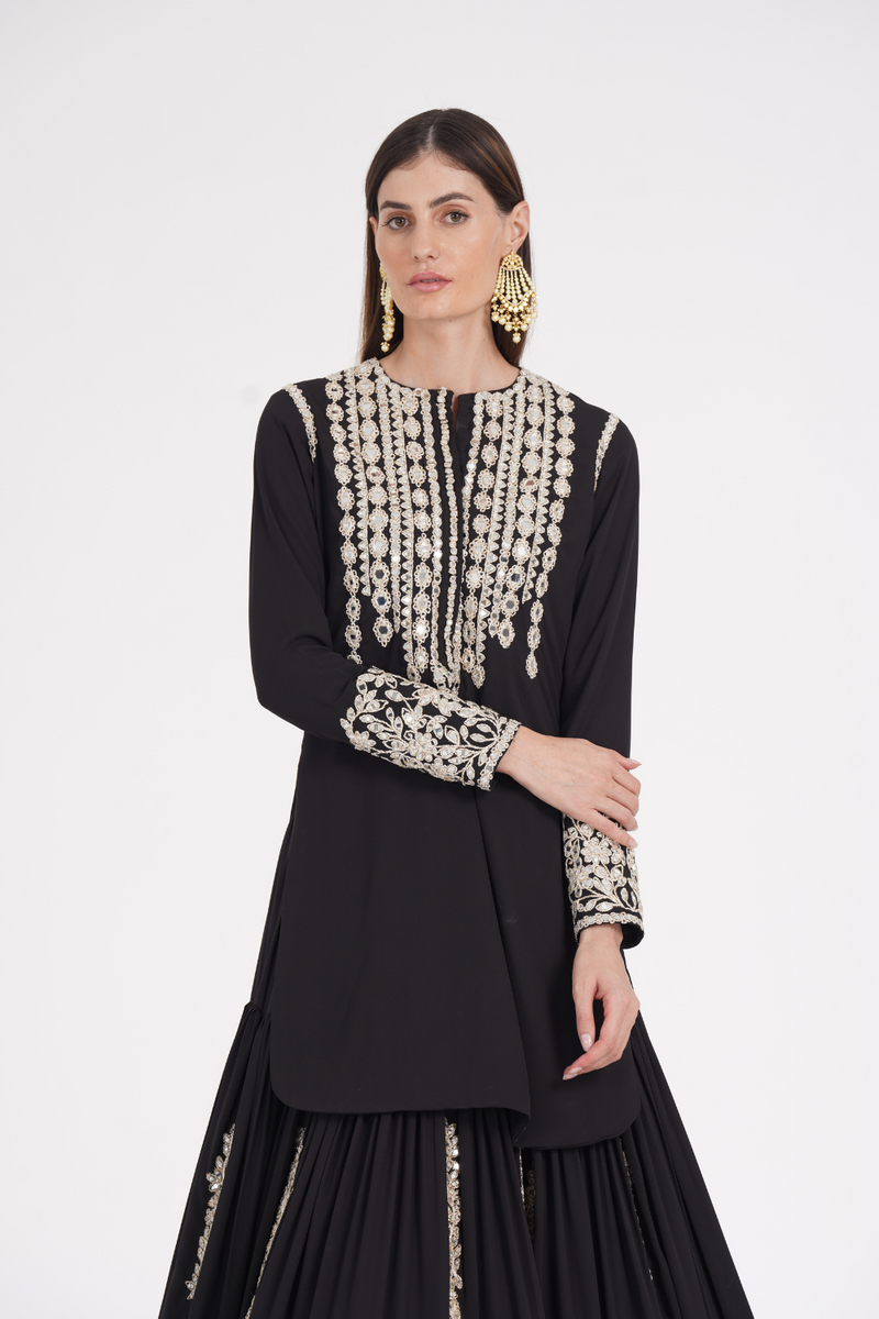 Carbon black kurti skirt embellished using ivory trims