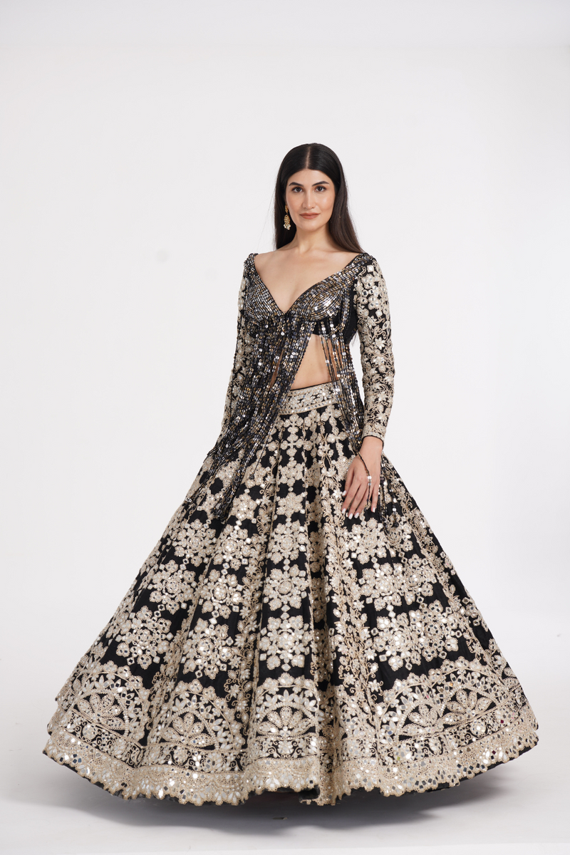 Jet black lehenga set embellished using ivory details