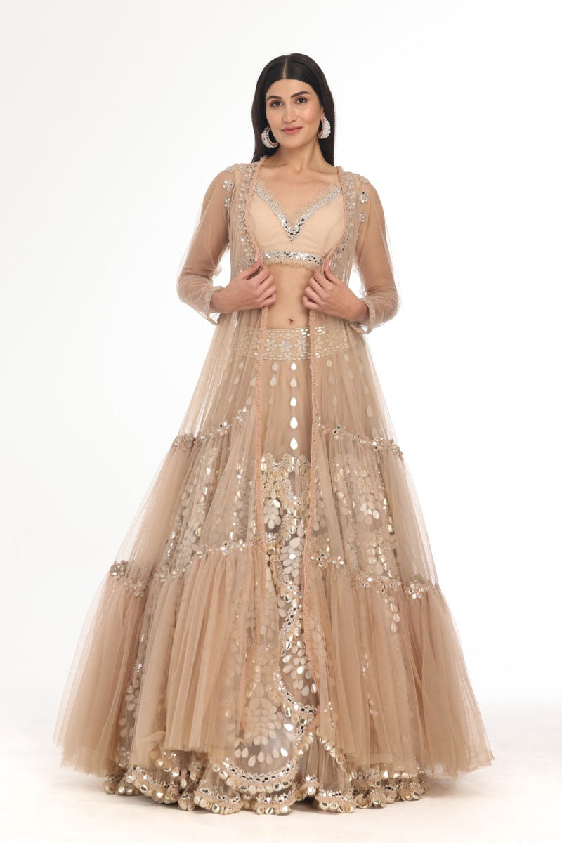 blush mirror cape lehenga set