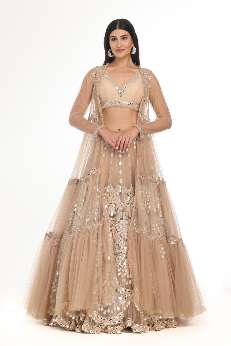 blush mirror cape lehenga set