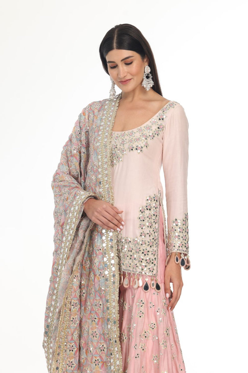 PINK KURTA & SHARARA SET WITH HEAVY PRINTED MIRROR WORK DUPATTA