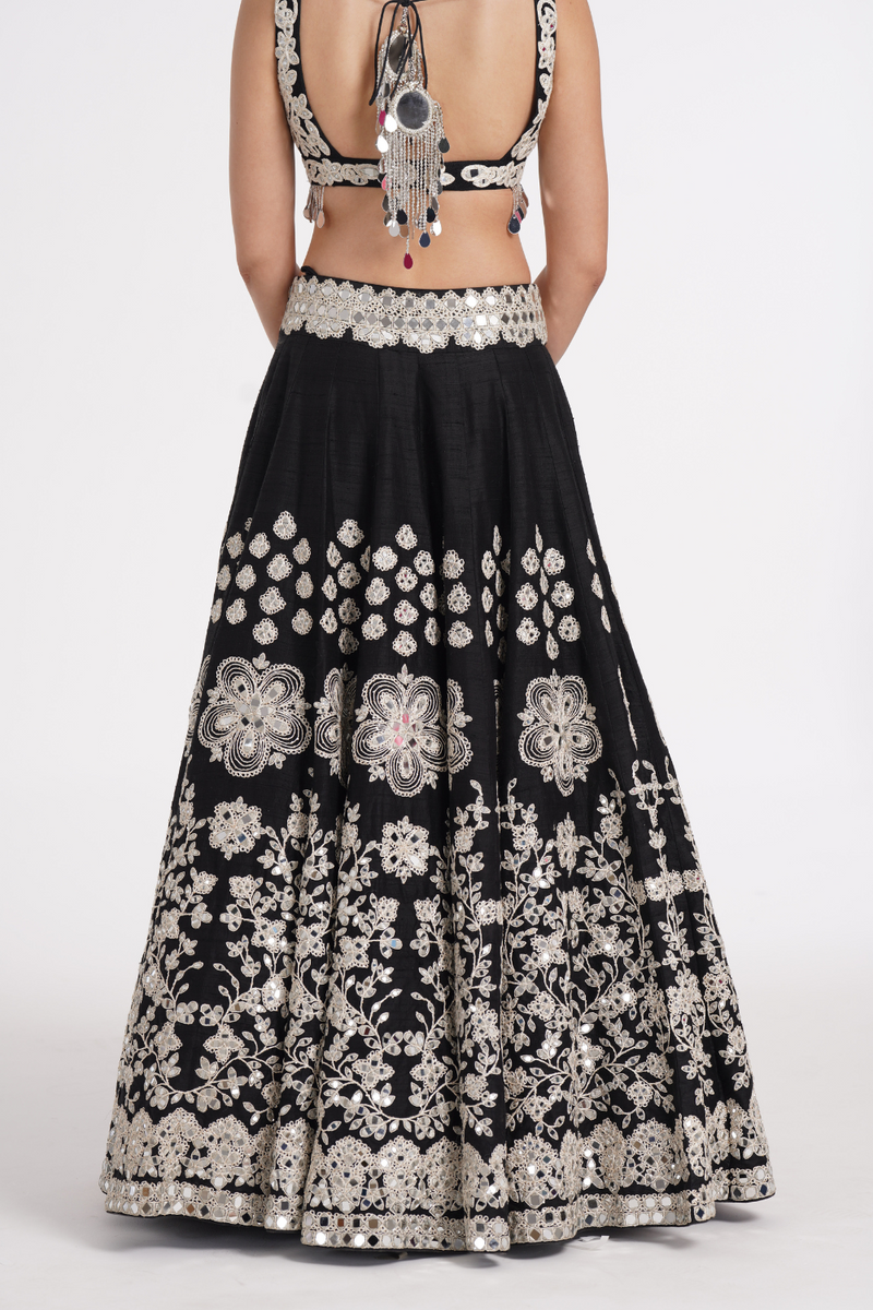 Jet black lehenga set embellished using ivory details