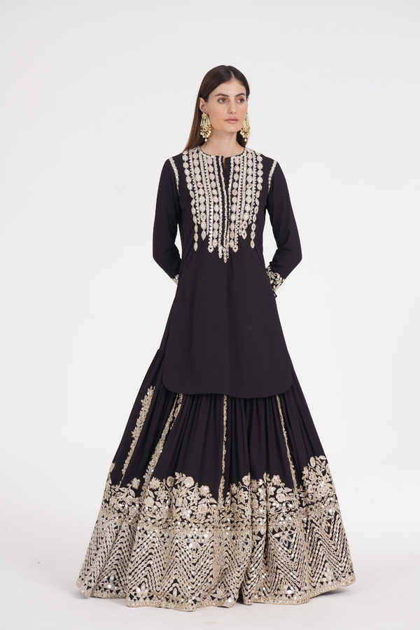 Carbon black kurti skirt embellished using ivory trims