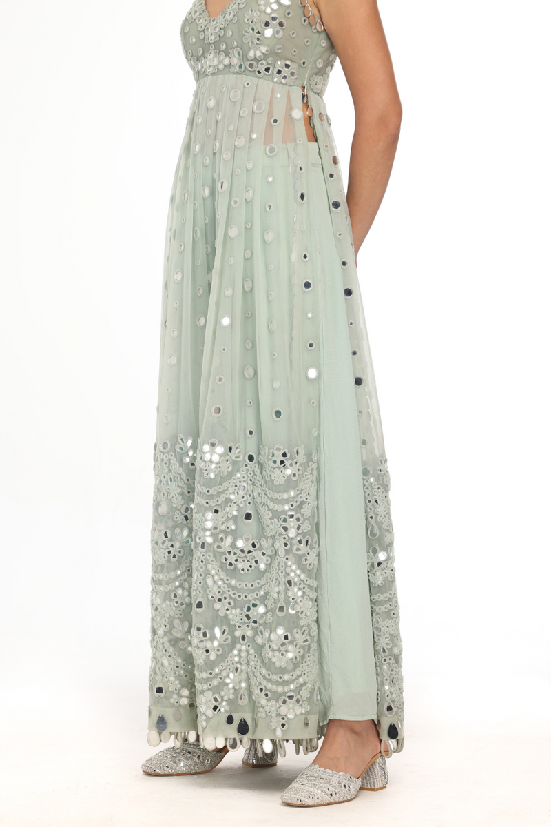 pastel green tulle long tunic and georgette pants