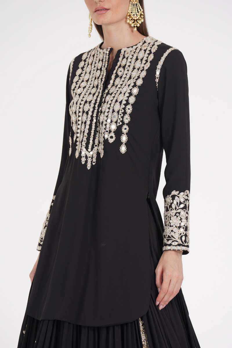 Carbon black kurti skirt embellished using ivory trims