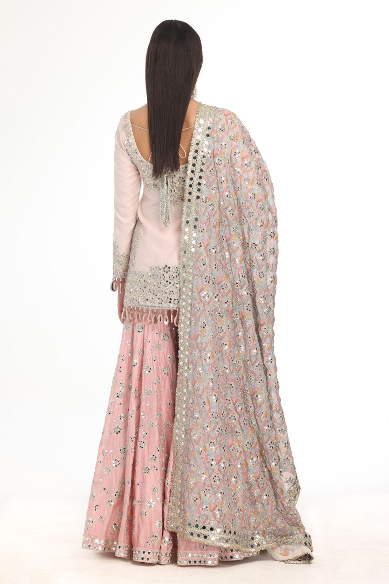 PINK KURTA & SHARARA SET WITH HEAVY PRINTED MIRROR WORK DUPATTA