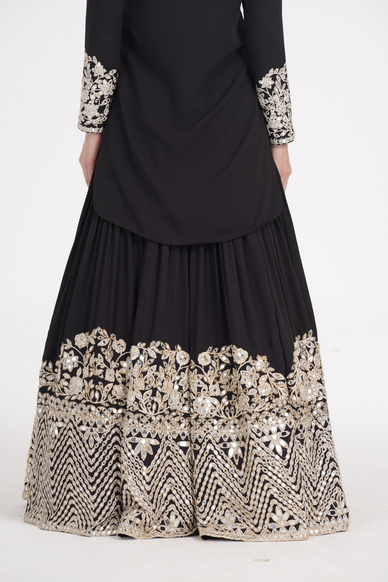 Carbon black kurti skirt embellished using ivory trims