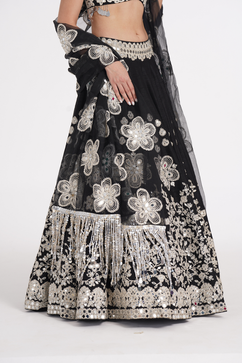 Jet black lehenga set embellished using ivory details