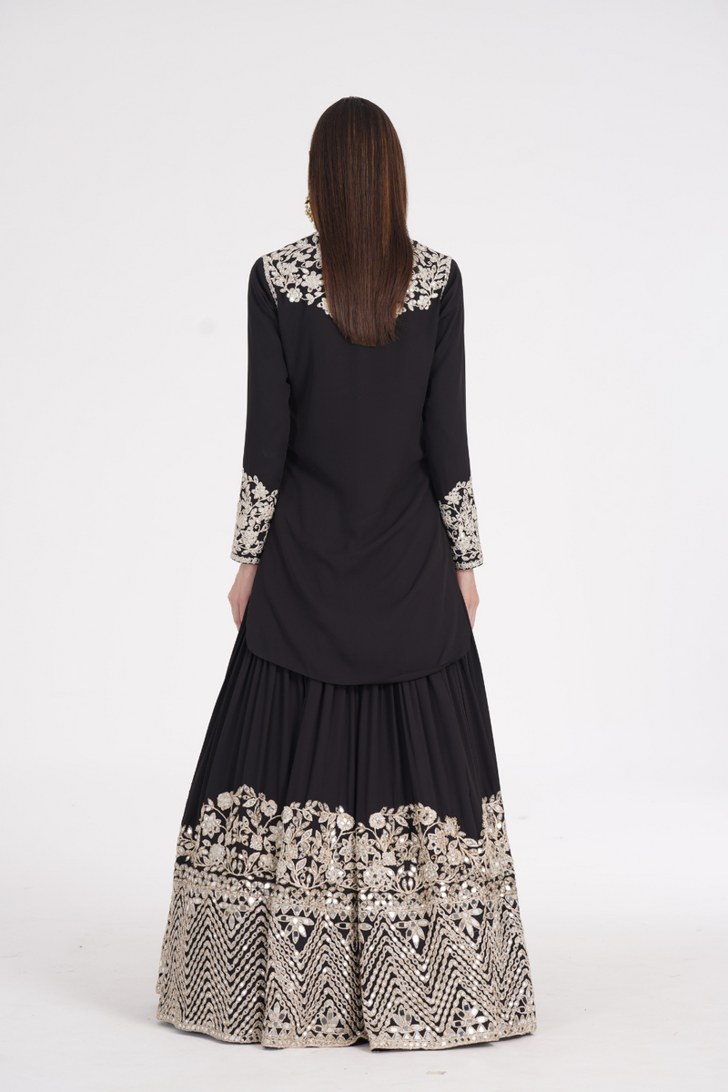 Carbon black kurti skirt embellished using ivory trims