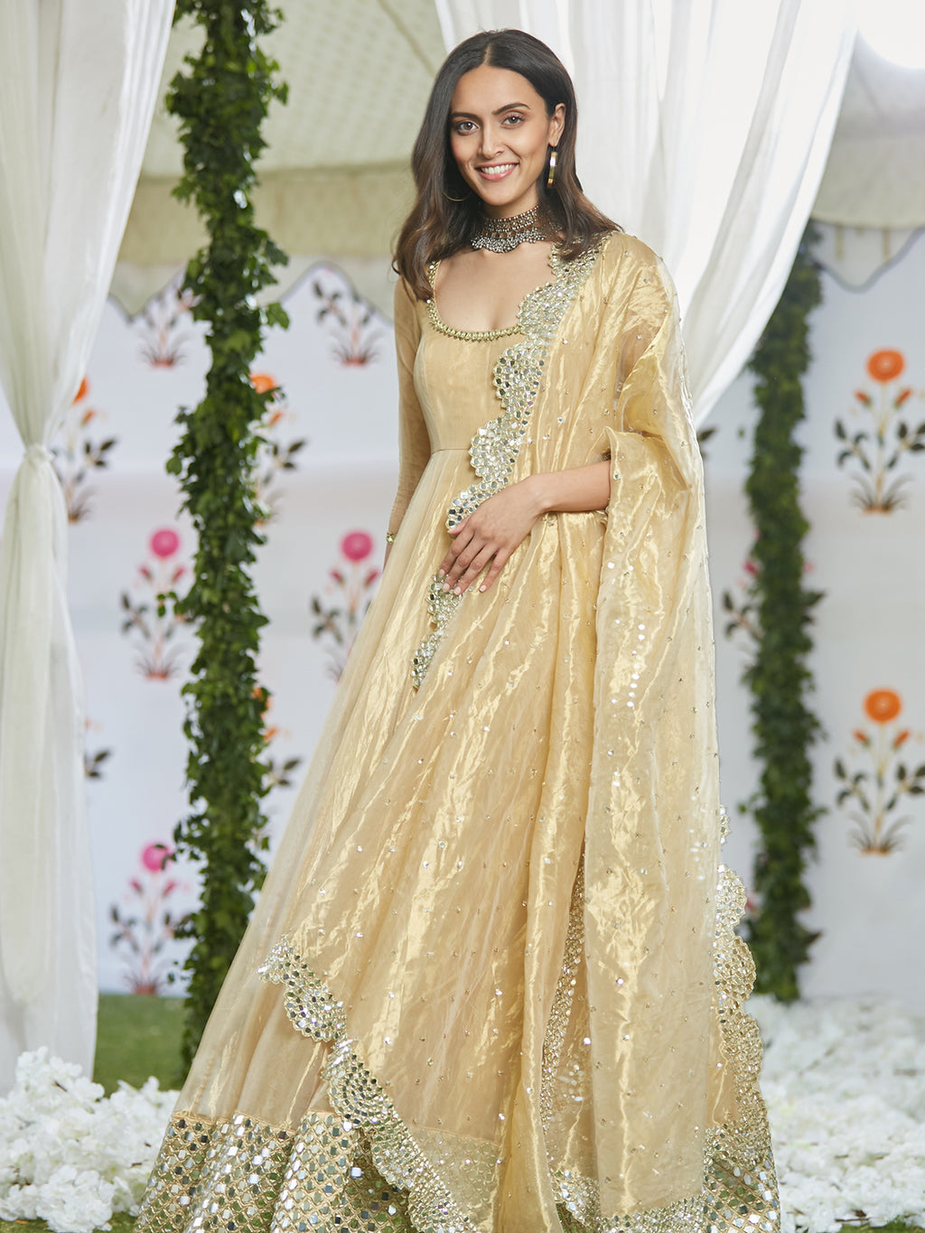New Bronze Gold Lama Anarkali Gown With Duppta – subhvastra