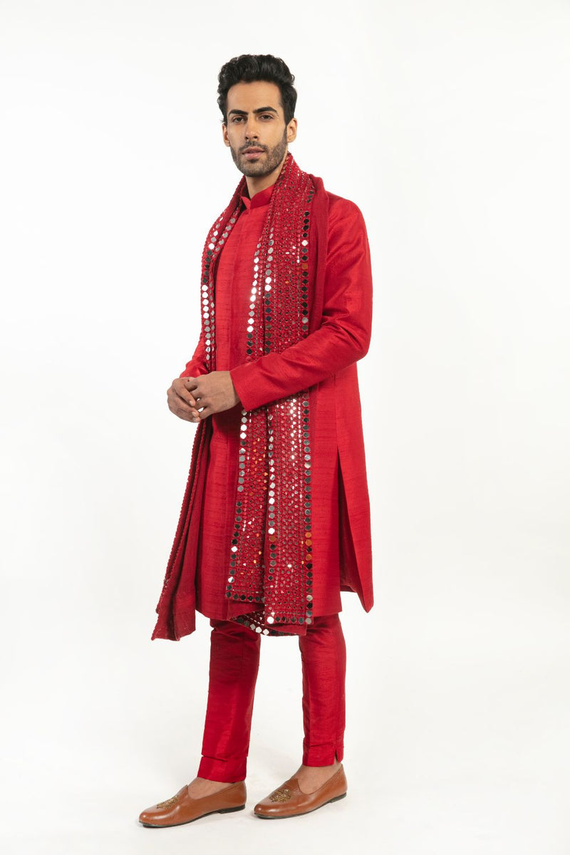 Red embellished sherwani set