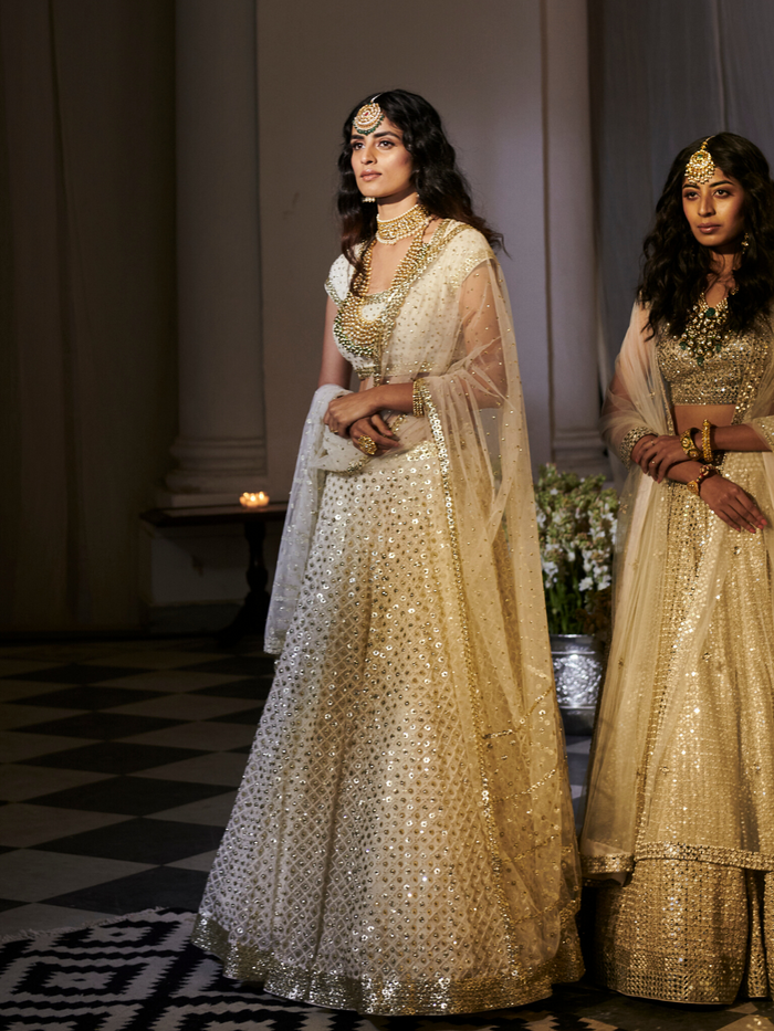 ivory White Mirror & Sequin Embellished Pleated Lehanga Set main image 0