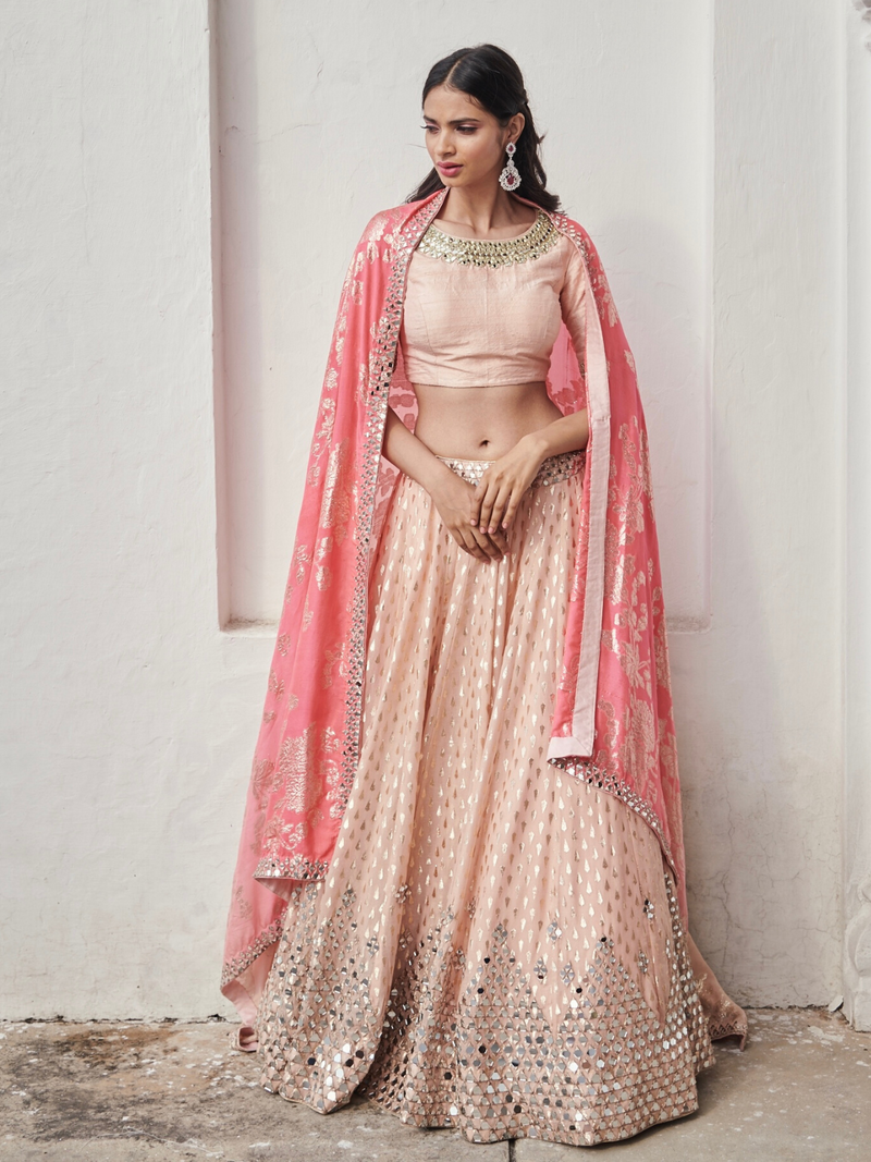 Buy - Pink Bridal Lehenga Set With Veil And Dupatta On Pooja Peshoria