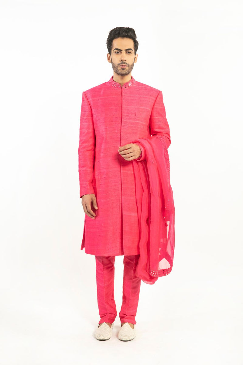 Fuscia pink embellished sherwani set