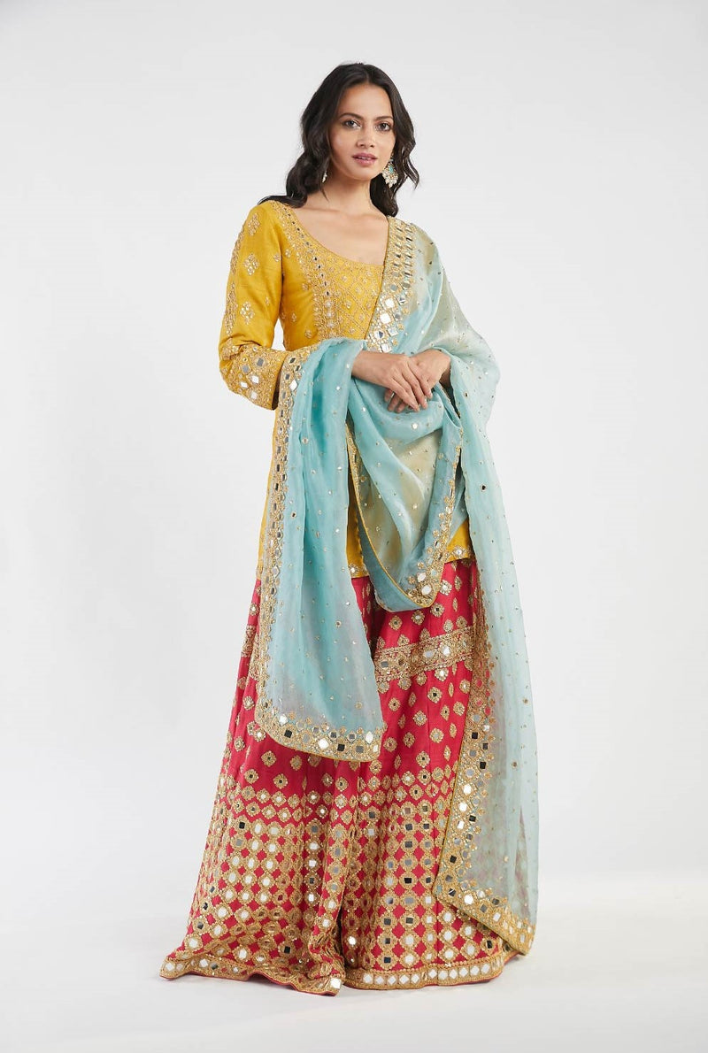 Yellow Kurta Blue Dupatta And Rani Pink Embellished Sharara Set