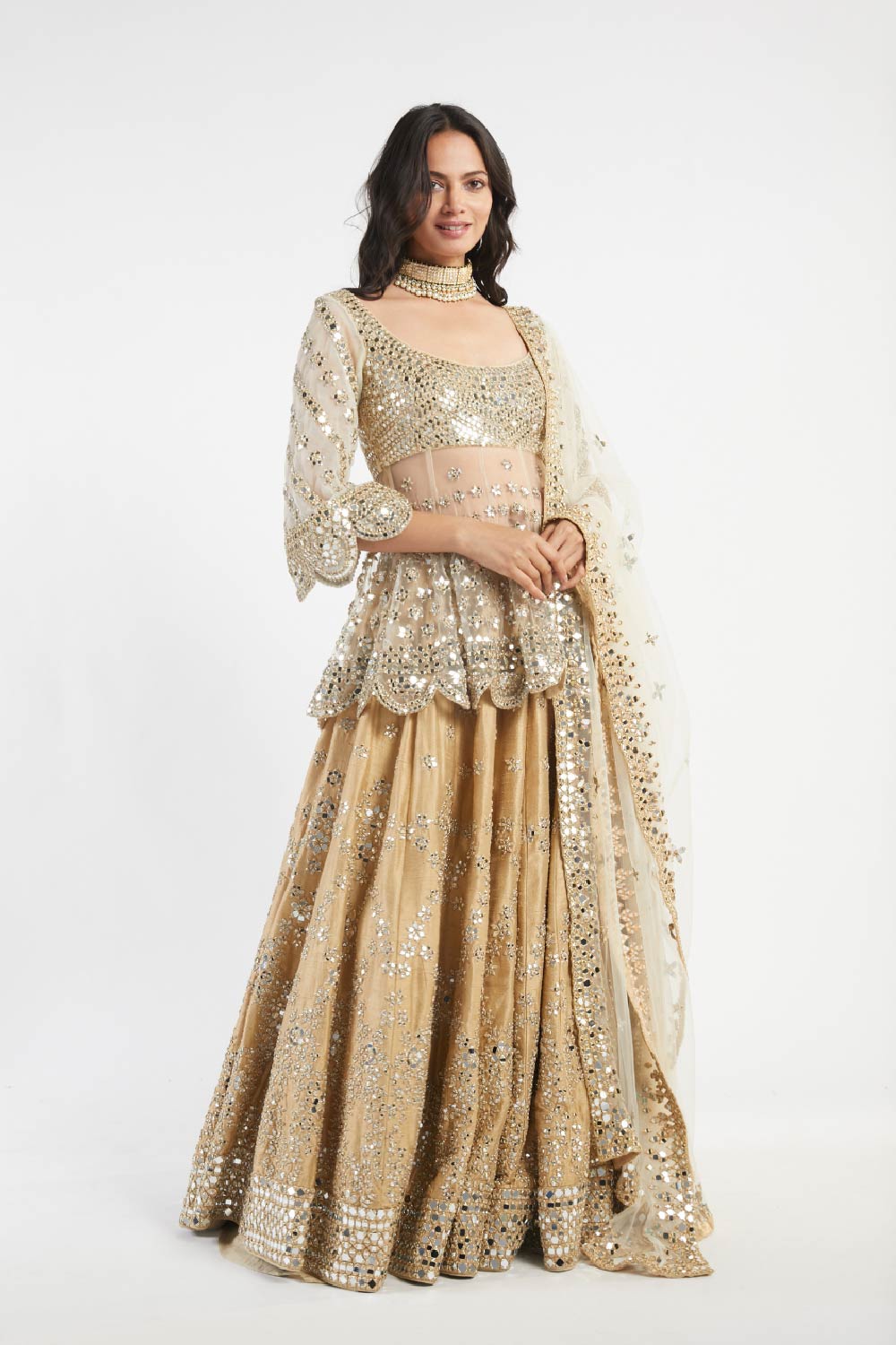 Golden Embellished Peplum and Skirt Set