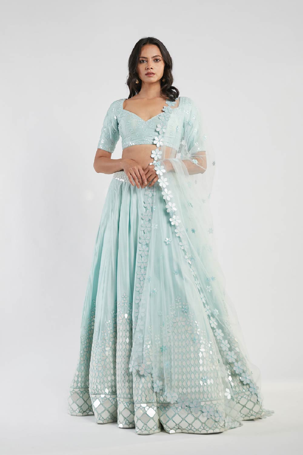 Buy White Blouse Satin Glace Embroidery Chanderi Bridal Lehenga Set For  Women by Abhinav Mishra Online at Aza Fashions.