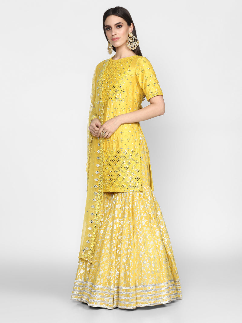 Yellow Chanderi Sharara Set with Net Dupatta