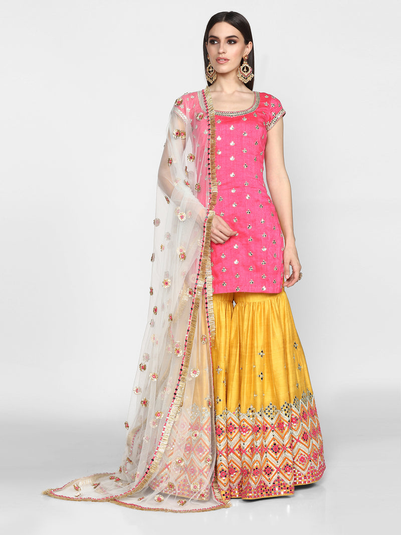 Pink and Yellow Embroidered Sharara Set with Net Dupatta