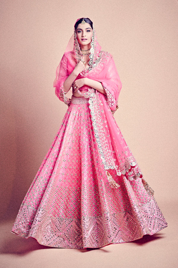 Jaipuri Pink Mirror Work-Embellished Lehenga with Gota Detailing as seen on Sonam Kapoor
