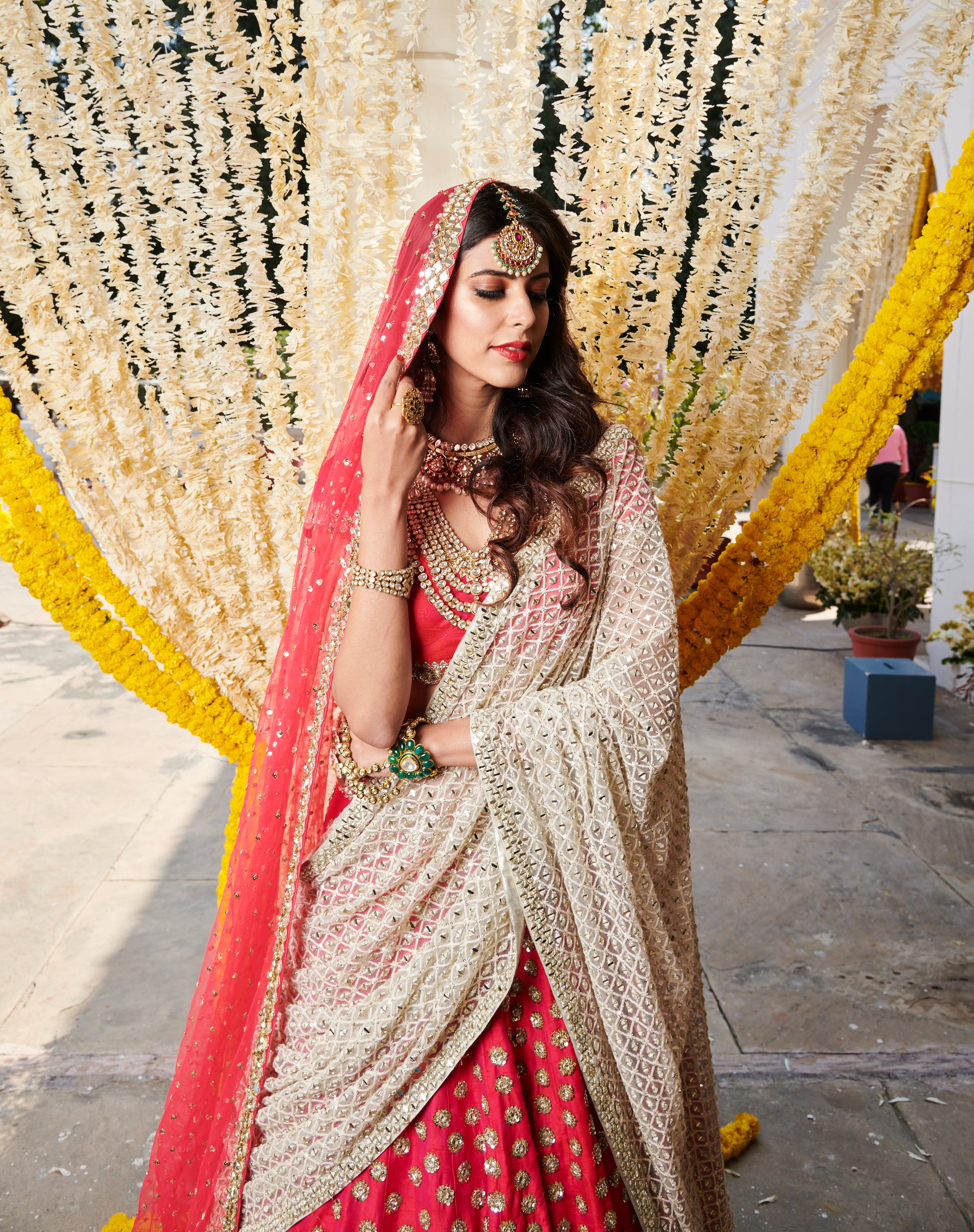 Red Raw Silk Hand Embroidered Lehenga With Net Dupatta main image 0