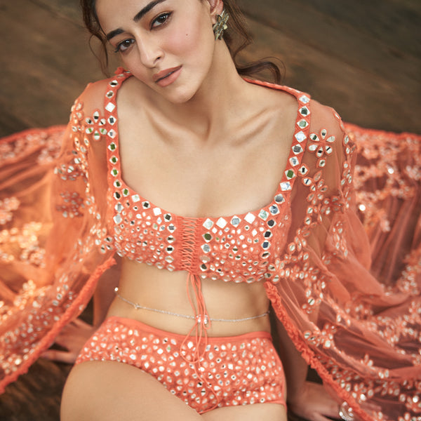 Orange mirror embellished high waisted bikini peplum top