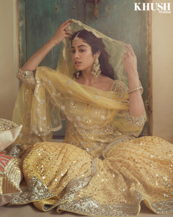Pastel yellow embellished pepelum set AS SEEN ON Janhvi Kapoor