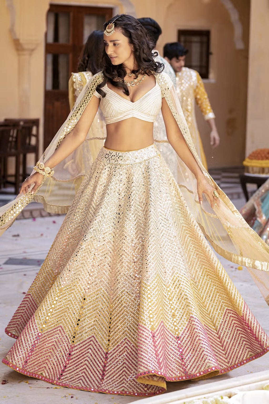 Buy White Net Embroidered Mirror Sheesh Mahal Bridal Lehenga Set For Women  by Abhinav Mishra Online at Aza Fashions.
